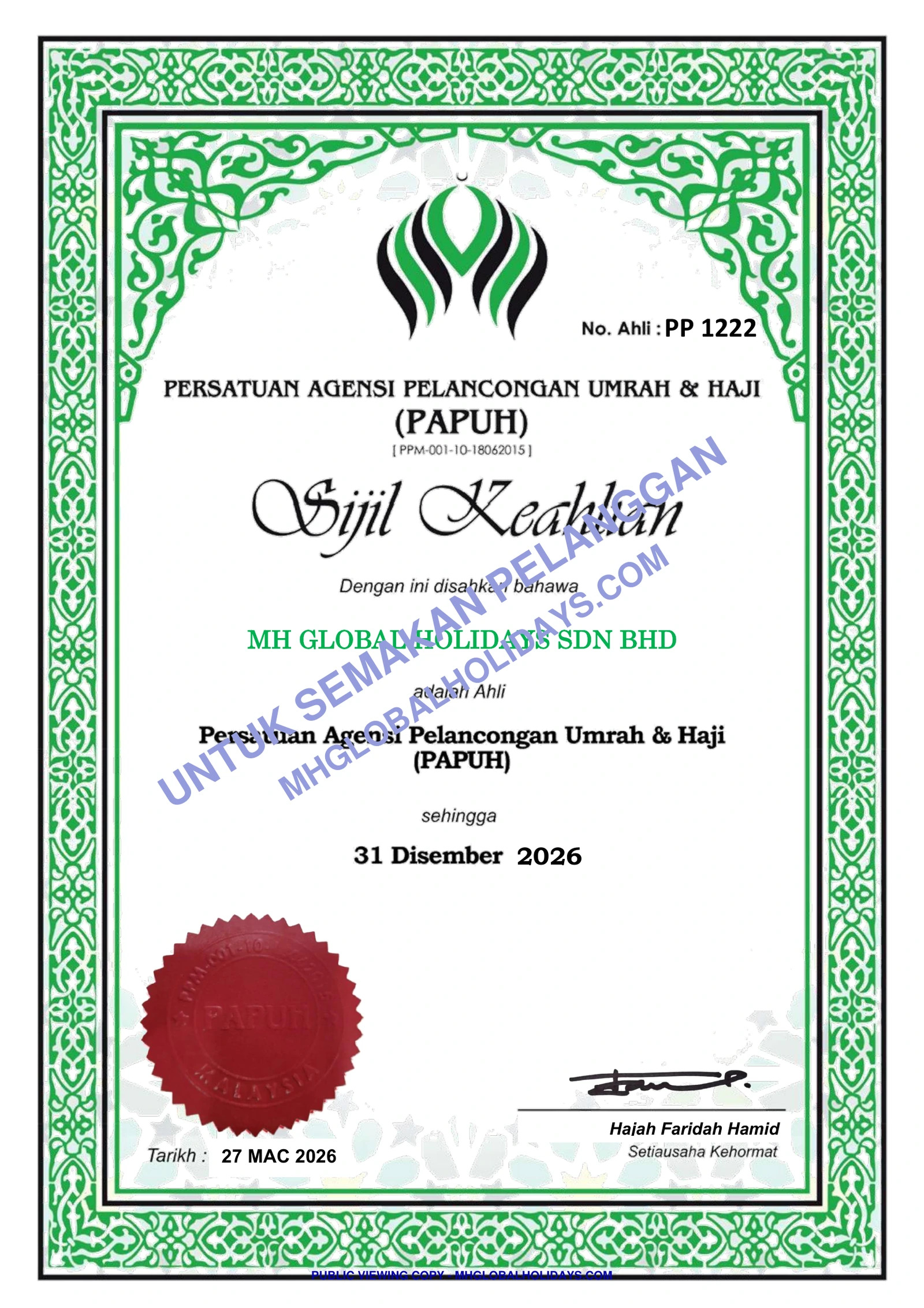 Sijil Keahlian PAPUH MH Global Holidays