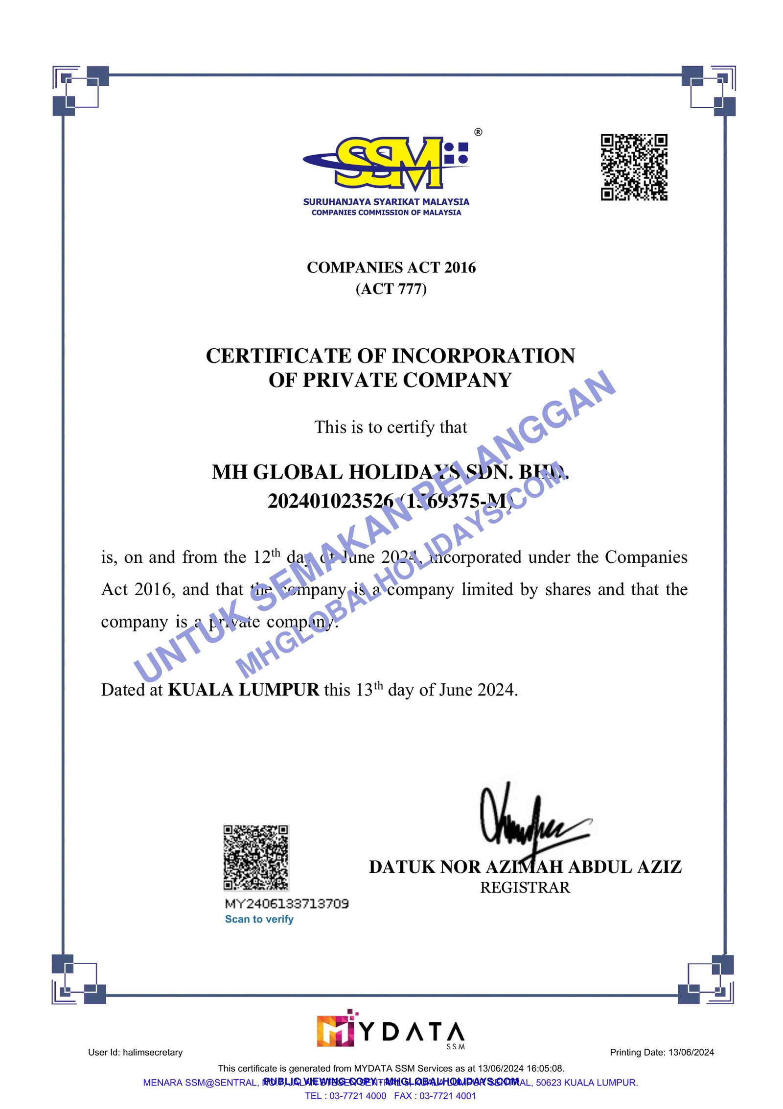 Sijil SSM MH Global Holidays